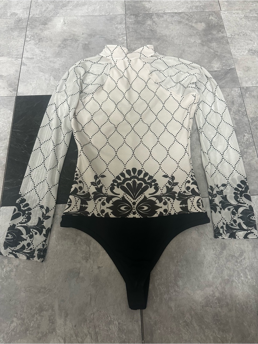 Printed Long-Sleeve Bodysuit - Black and Beige